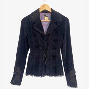 Vintage Y2K Navy Velvet Blazer with Tie Front and Lace Detail / Size Small